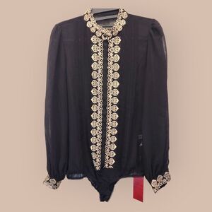 NEW Semi Sheer Pin-tucked Black Lace Bodysuit Top with Gold Embroidery MEDIUM